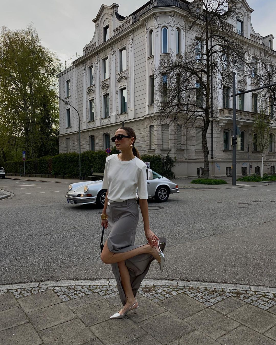 Asymmetrical Grey Midi Skirt with T-Shirt — Classy Grey Skirt Outfit