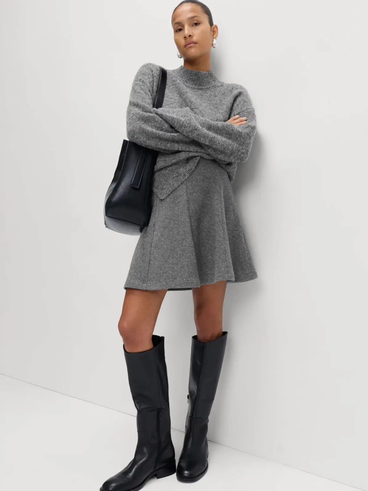 Grey Mini Skirt with Mock Neck Sweater — Classy Grey Skirt Outfit