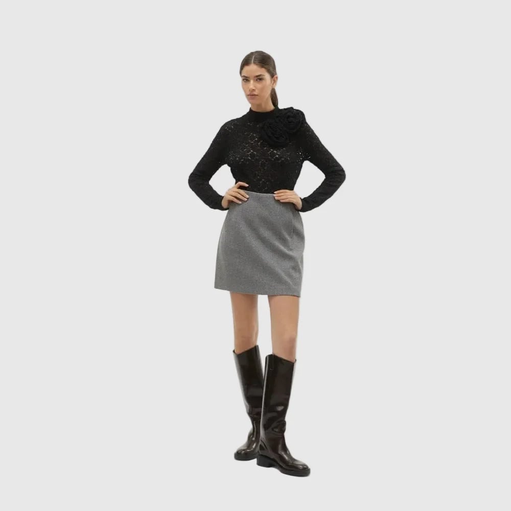 Grey A-Line Mini Skirt with Lace Top — Classy Grey Skirt Outfit