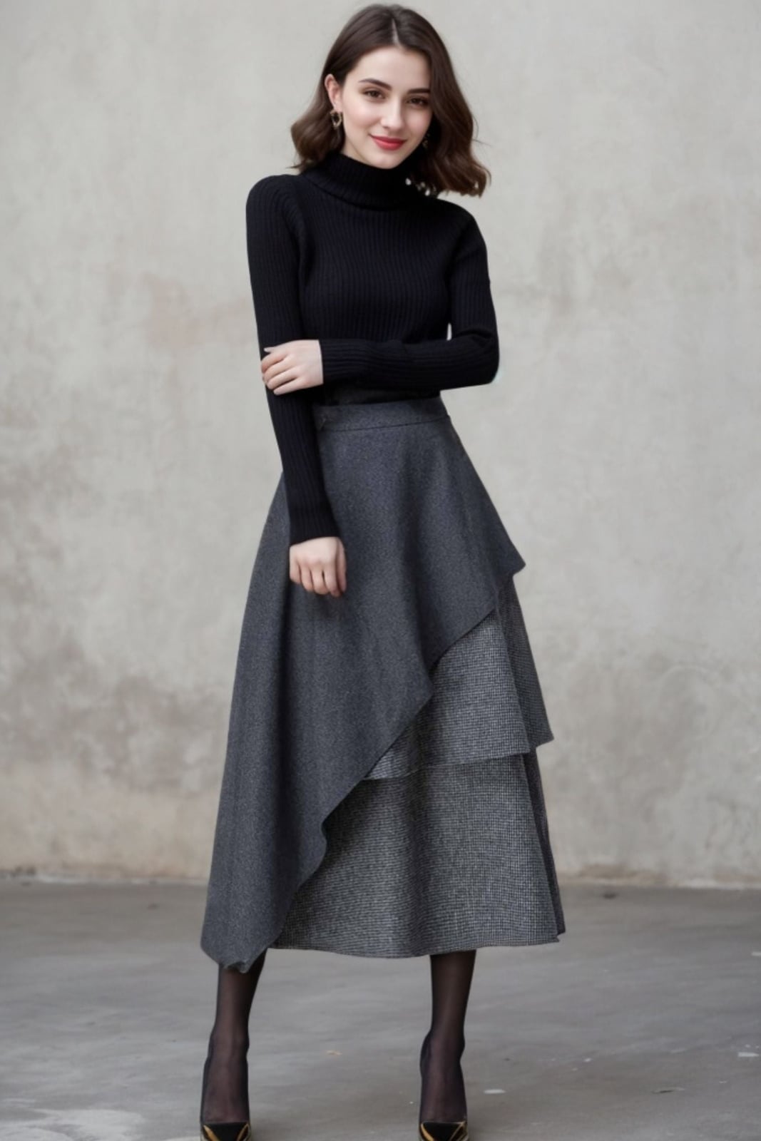 Layered Grey Midi Skirt with Turtleneck — Classy Grey Skirt Outfit