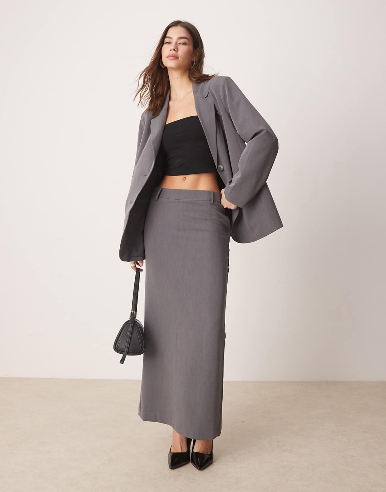 Grey Maxi Skirt with a Black Bandeau Top — Classy Grey Skirt Outfit