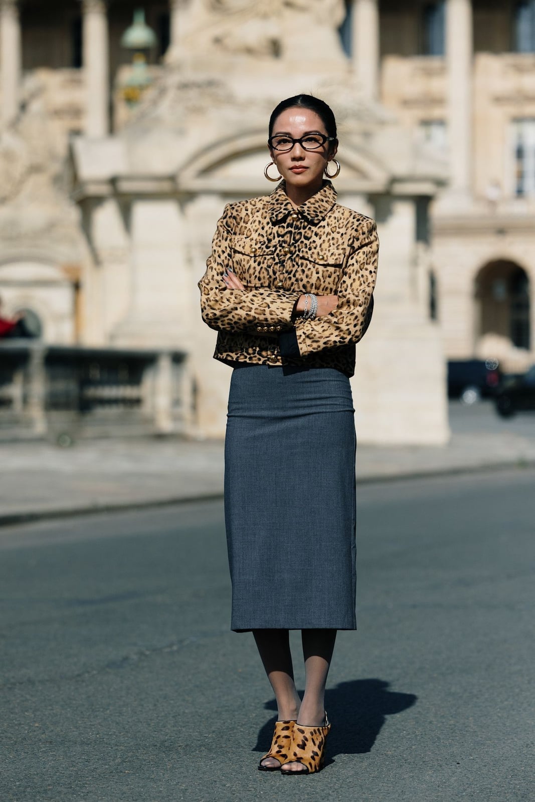 Grey Pencil Skirt with Leopard Print Jacket — Classy Grey Skirt Outfit