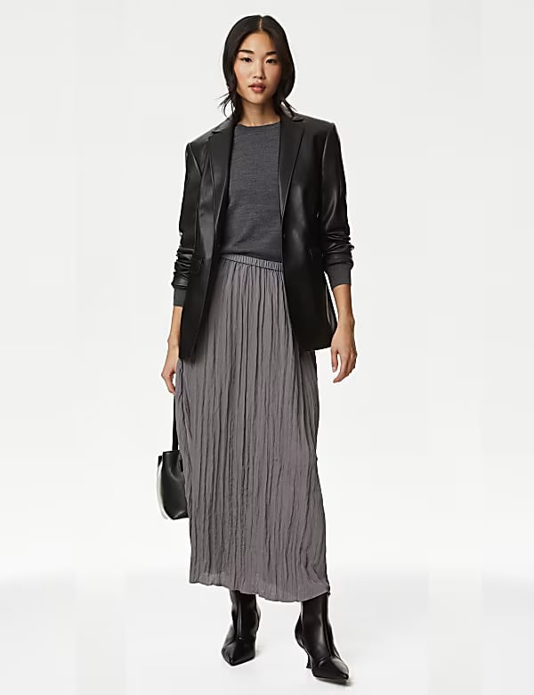 Crinkled Grey Midi Skirt with Faux Leather Blazer — Classy Grey Skirt Outfit