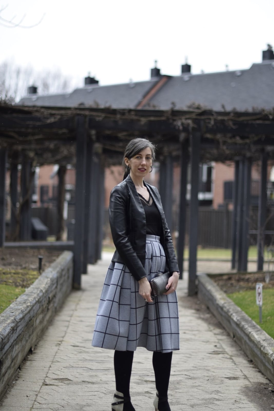 Grey Plaid Midi Skirt with Leather Jacket and Pointed Toe Ankle Boots — Classy Grey Skirt Outfit