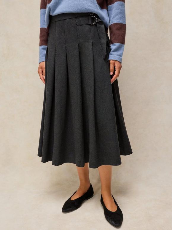 Dark Grey Pleated Midi Skirt with Buckle Detail — Classy Grey Skirt Outfit