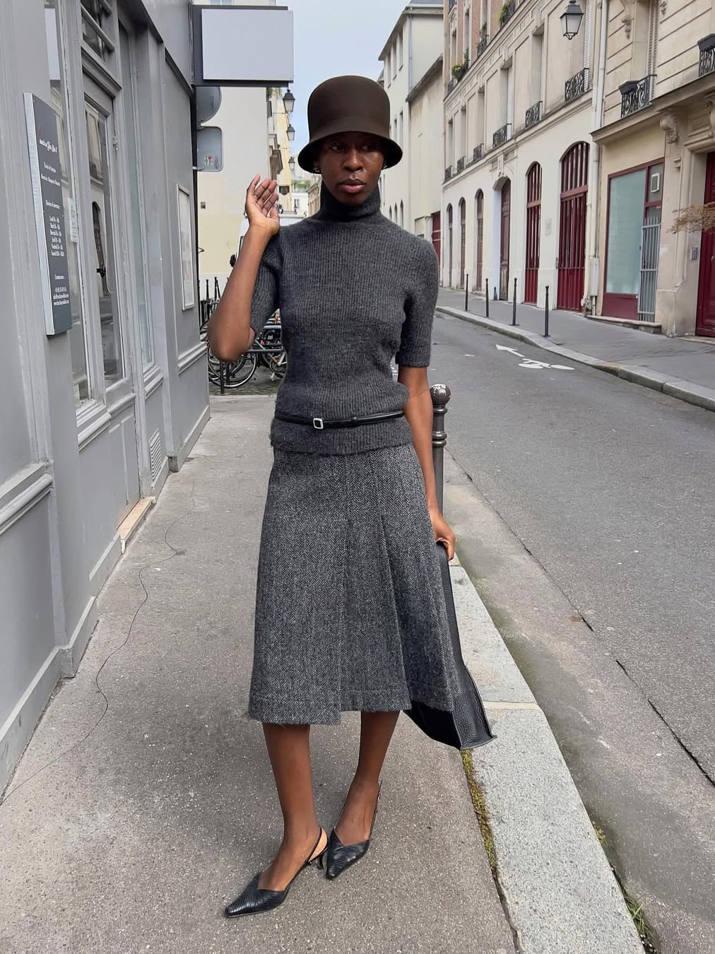 Grey Pleated Midi Skirt with Ribbed Turtleneck — Classy Grey Skirt Outfit
