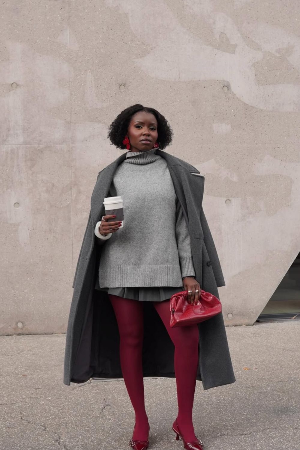 Grey Pleated Mini Skirt with Red Accents — Classy Grey Skirt Outfit