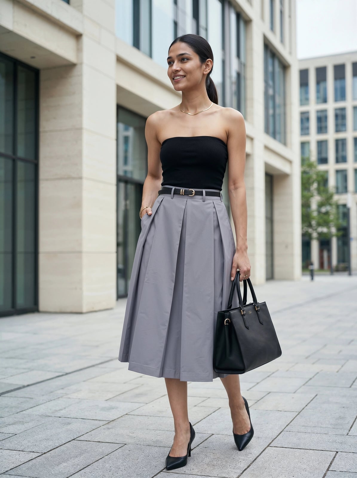 Grey Midi Skirt with Strapless Top for Work — Classy Grey Skirt Outfit