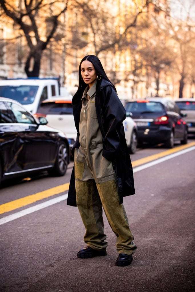 Olive Green Jumpsuit with Black Trench Coat Olive Green Jumpsuit with Black Trench Coat — Classy Grunge Style
