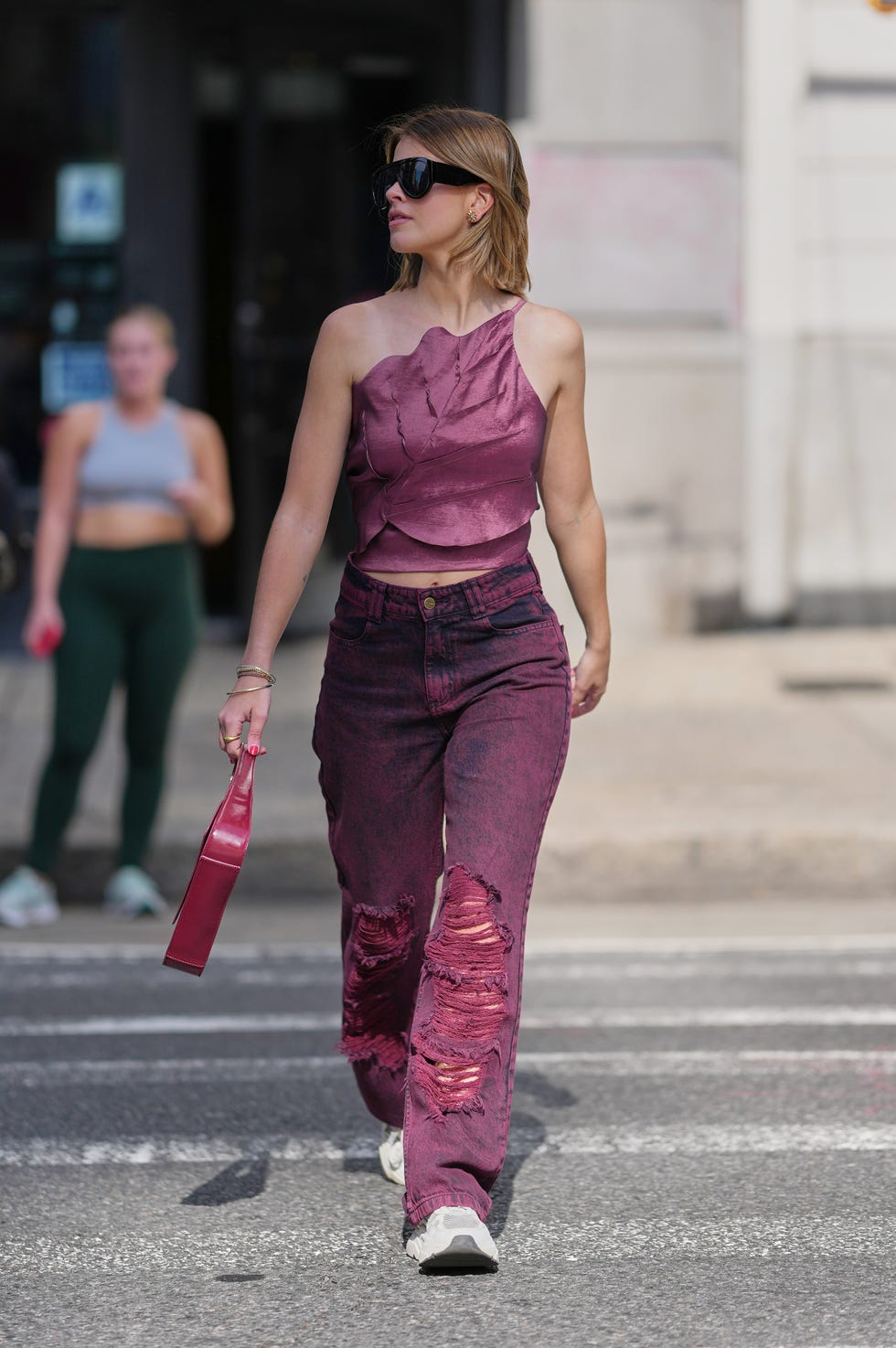 Distressed Purple Jeans with One-Shoulder Top Distressed Purple Jeans with One-Shoulder Top — Classy Grunge Style