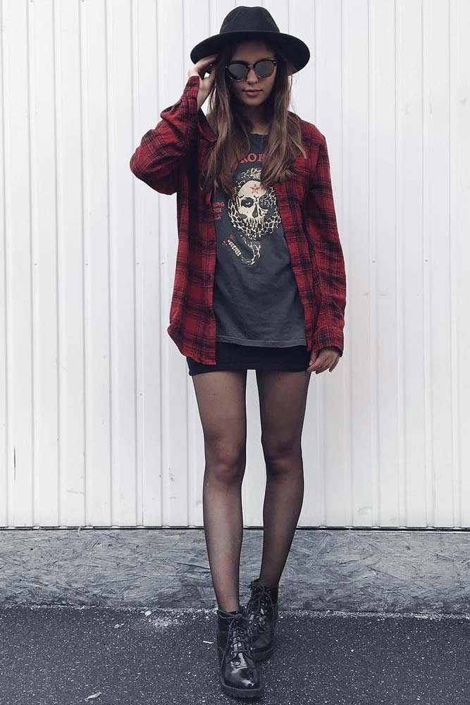 Red Plaid Shirt Over Graphic Tee and Mini Skirt Red Plaid Shirt Over Graphic Tee and Mini Skirt — Classy Grunge Style
