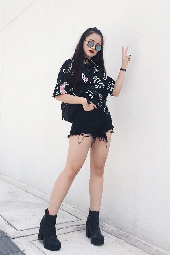 Ripped Denim Shorts with Graphic T-Shirt Ripped Denim Shorts with Graphic T-Shirt — Classy Grunge Style