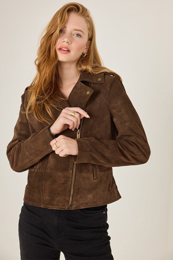 Brown Suede Moto Jacket with Black Jeans Brown Suede Moto Jacket with Black Jeans — Classy Grunge Style