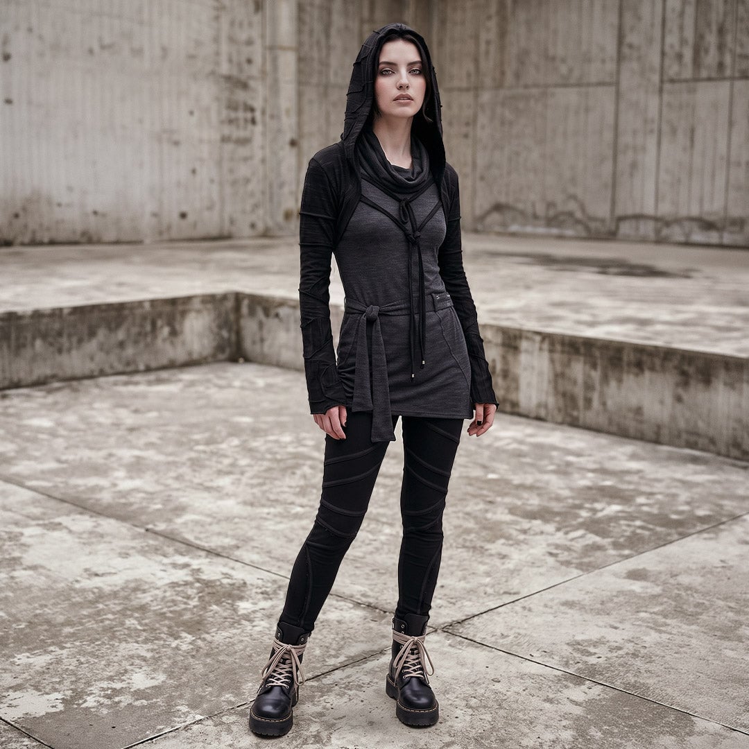 Grey Hooded Tunic with Black Leggings Grey Hooded Tunic with Black Leggings — Classy Grunge Style