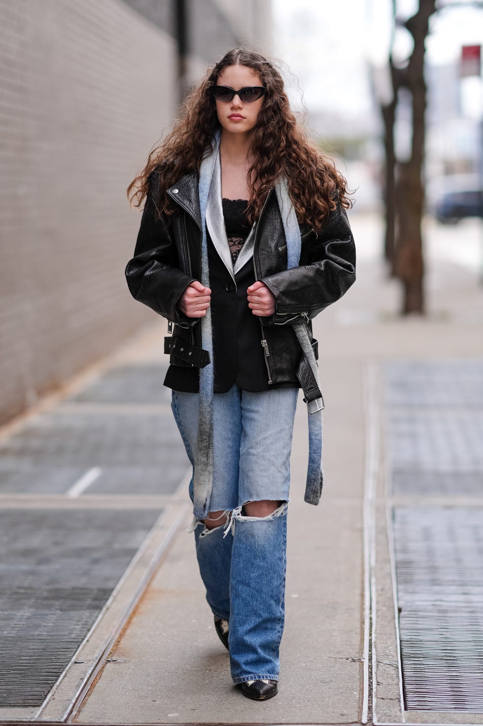 Leather Biker Jacket Over Blazer and Camisole Leather Biker Jacket Over Blazer and Camisole — Classy Grunge Style