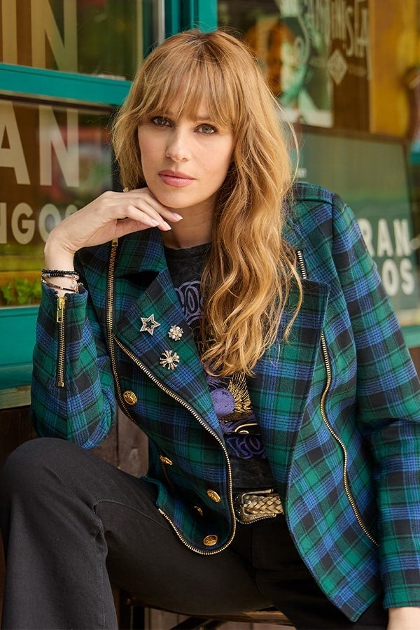 Embellished Plaid Moto Jacket with Graphic Tee Embellished Plaid Moto Jacket with Graphic Tee — Classy Grunge Style
