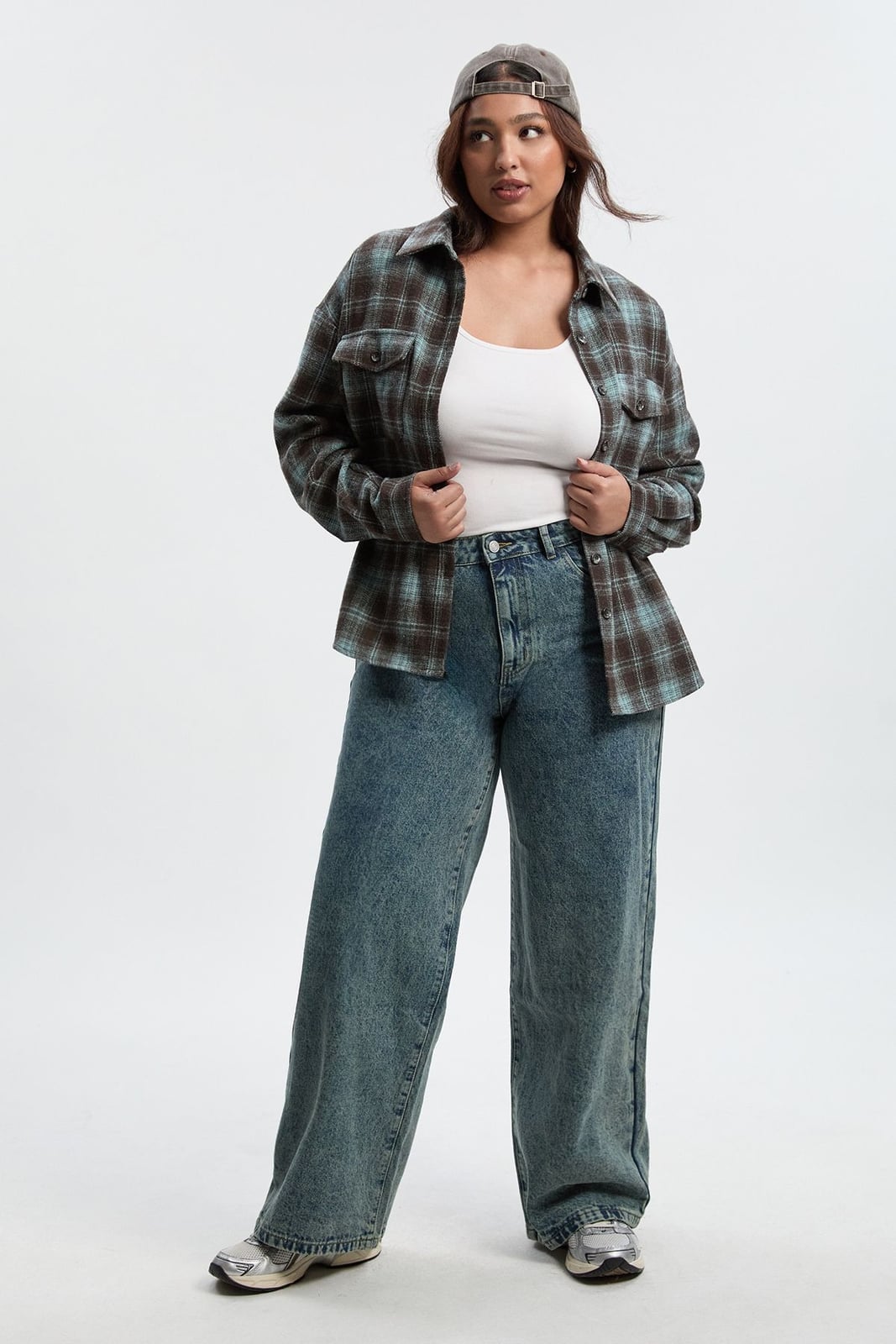 Oversized Flannel Shirt with Wide Leg Jeans and Cap Oversized Flannel Shirt with Wide Leg Jeans and Cap — Classy Grunge Style