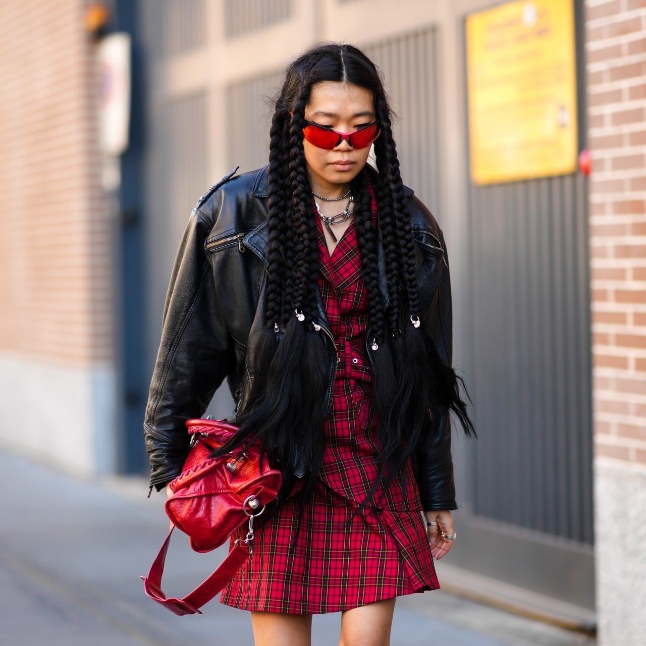 Leather Biker Jacket Over Plaid Mini Dress Leather Biker Jacket Over Plaid Mini Dress — Classy Grunge Style