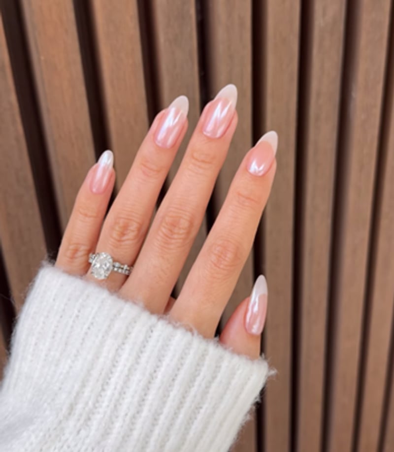 Milky Pearlescent French Tip Almond Nails Milky Pearlescent French Tip Almond Nails — Classy Hailey Bieber Nails