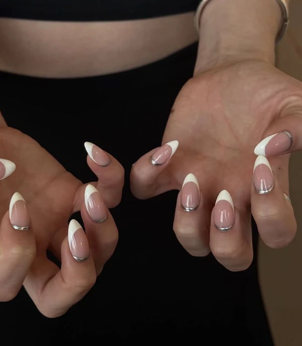 Pink Nude Silver Lined French Almond Nails Pink Nude Silver Lined French Almond Nails — Classy Hailey Bieber Nails