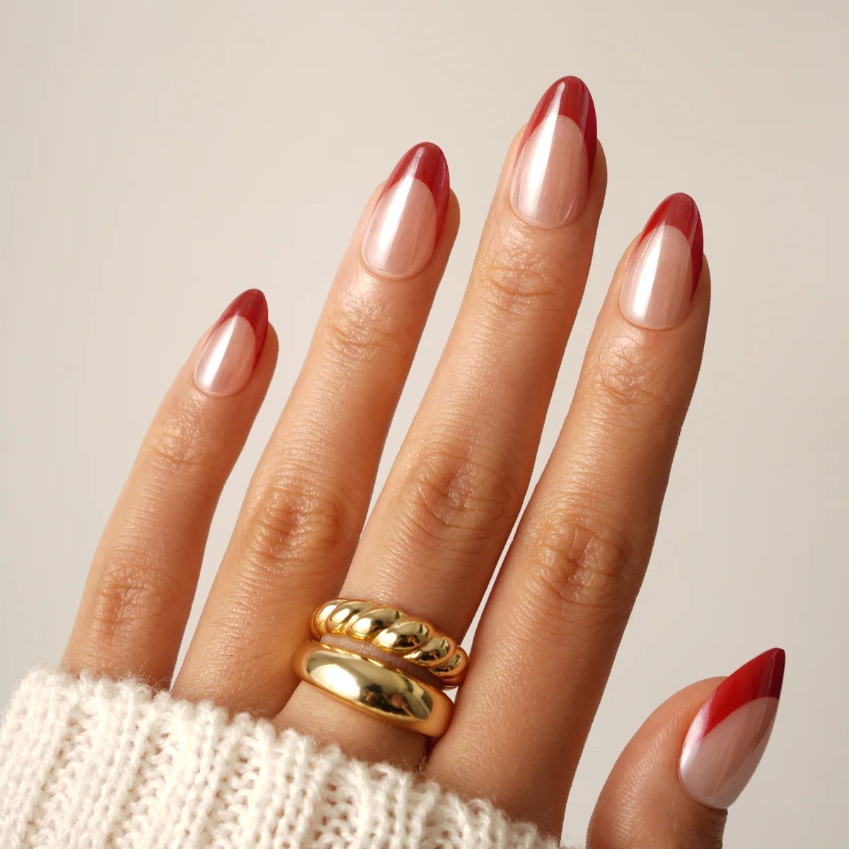 Sheer Nude Bold Red French Almond Nails Sheer Nude Bold Red French Almond Nails — Classy Hailey Bieber Nails