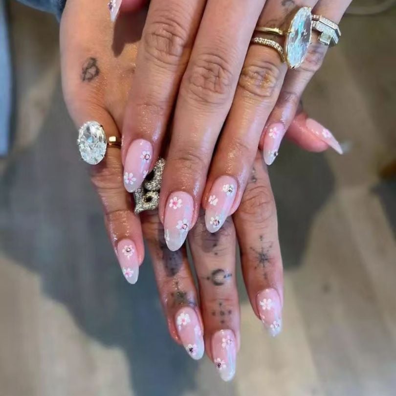 Pink Floral Rhinestone Almond Nails Pink Floral Rhinestone Almond Nails — Classy Hailey Bieber Nails