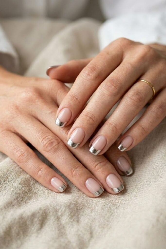 Short Square Silver French Nails Short Square Silver French Nails — Classy Hailey Bieber Nails