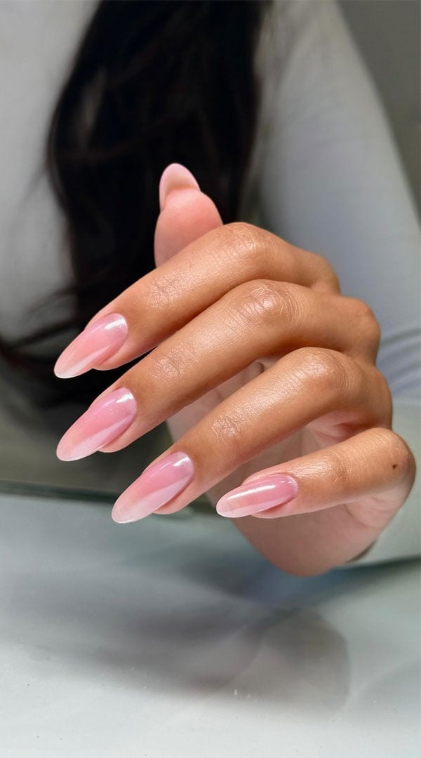 Light Pink Pearlescent Almond Nails Light Pink Pearlescent Almond Nails — Classy Hailey Bieber Nails