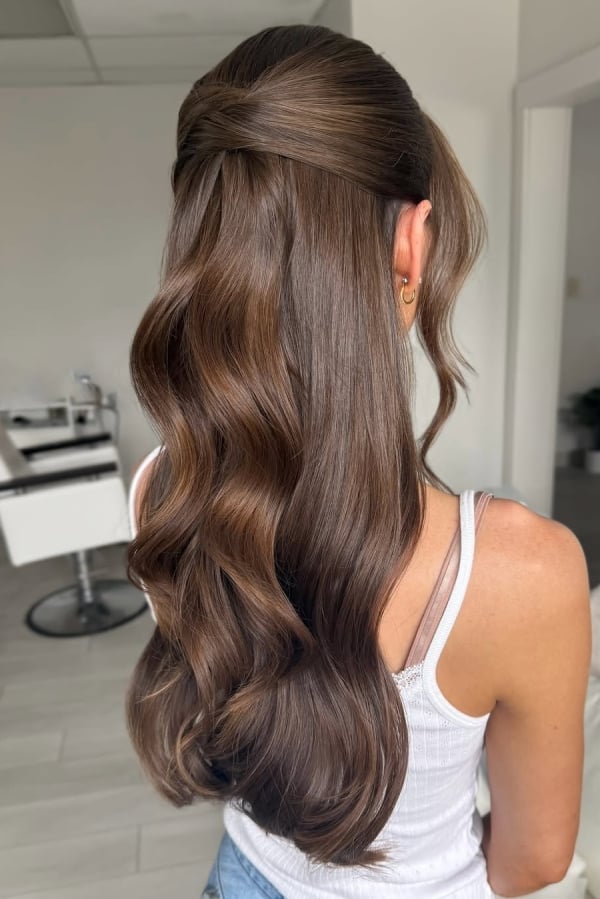 Thick Dark Brown Half Up Half Down Waves — Classy Hair Down Hairstyles