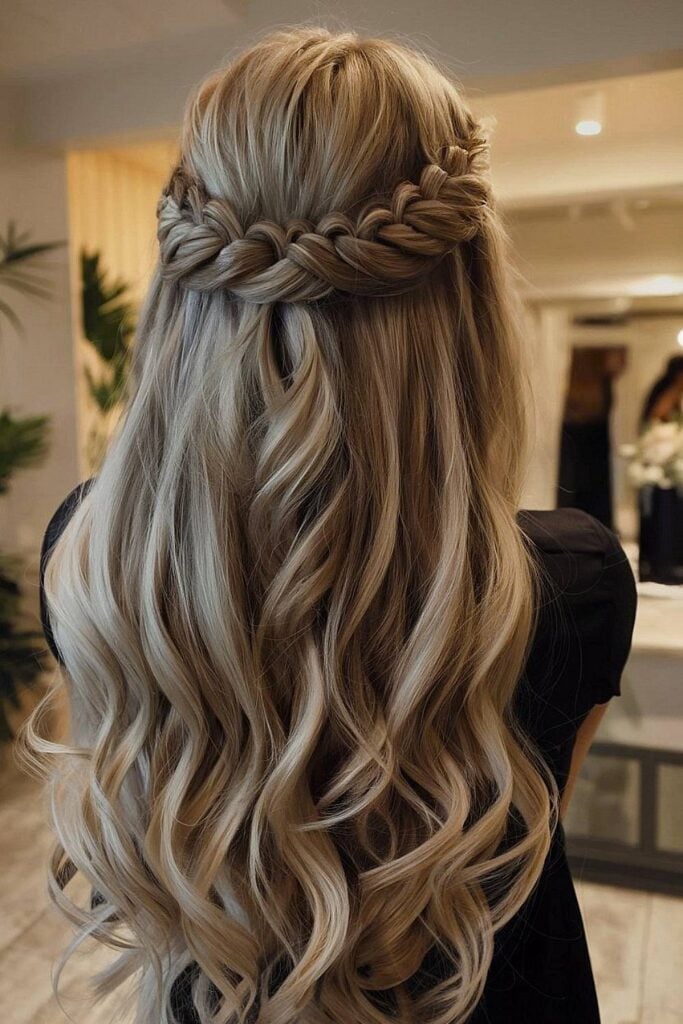 Ash Blonde Braided Crown With Soft Waves — Classy Hair Down Hairstyles