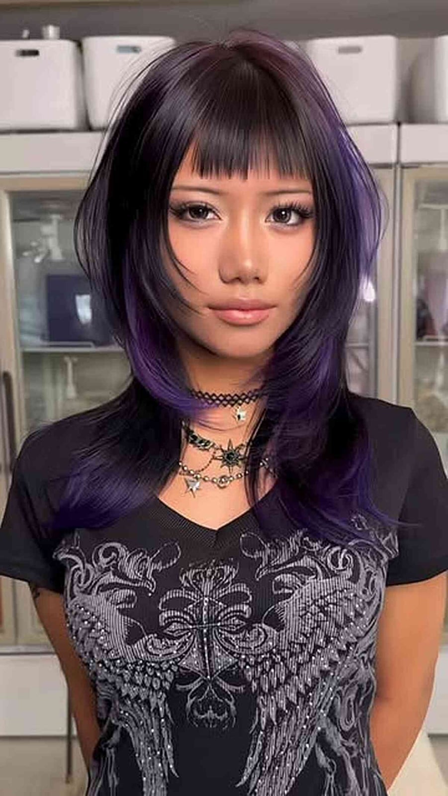 Collarbone Shag With Purple Streaks — Classy Hair with Bangs