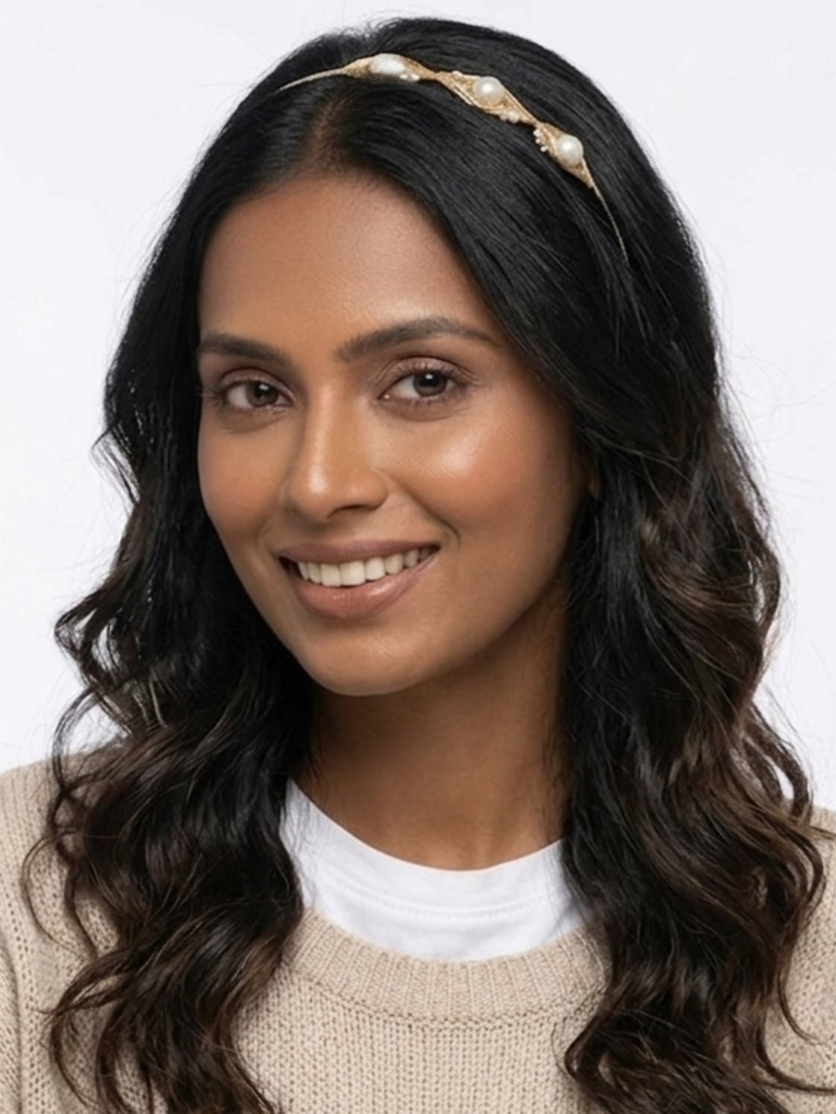 Long Dark Brown Hair With Pearl Headband — Classy Hair with Headband