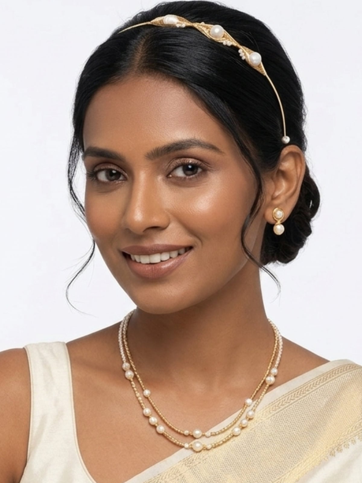 Refined Dark Brown Waves With Pearl Headband — Classy Hair with Headband