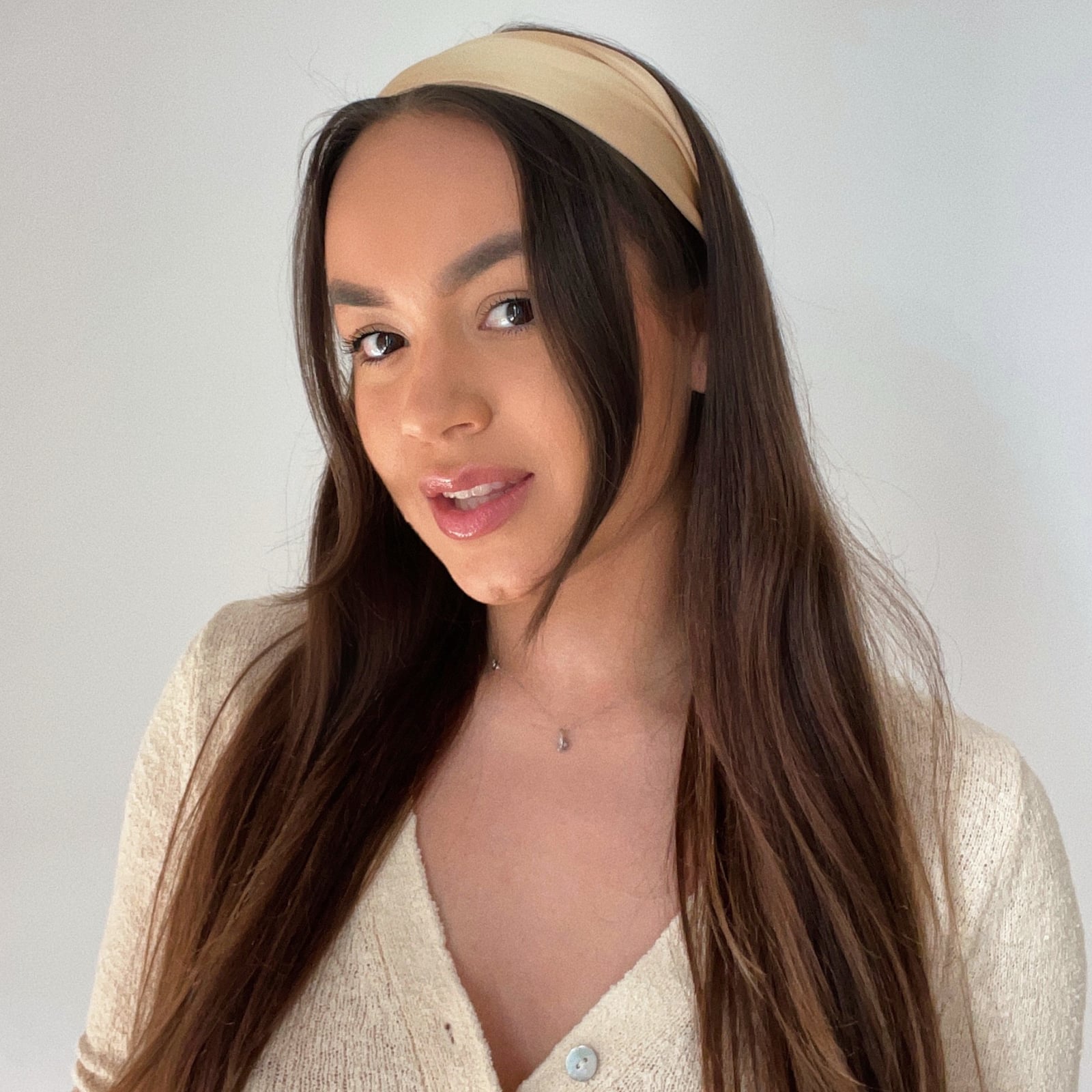 Mid-Back Blowout With Gold Silk Headband — Classy Hair with Headband
