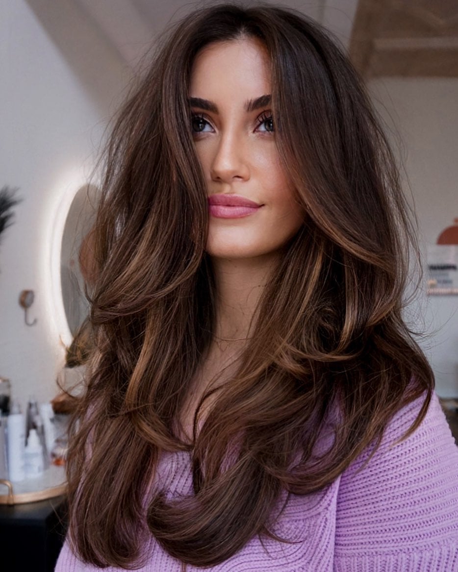 Mid-Back Length Layers With Caramel Highlights Mid-Back Length Layers With Caramel Highlights — Classy Haircuts for Long Hair