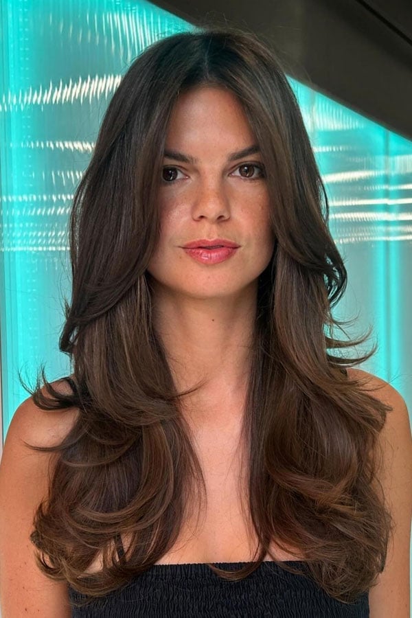 Dark Brown With Highlights And Curtain Bangs Dark Brown With Highlights And Curtain Bangs — Classy Haircuts for Long Hair