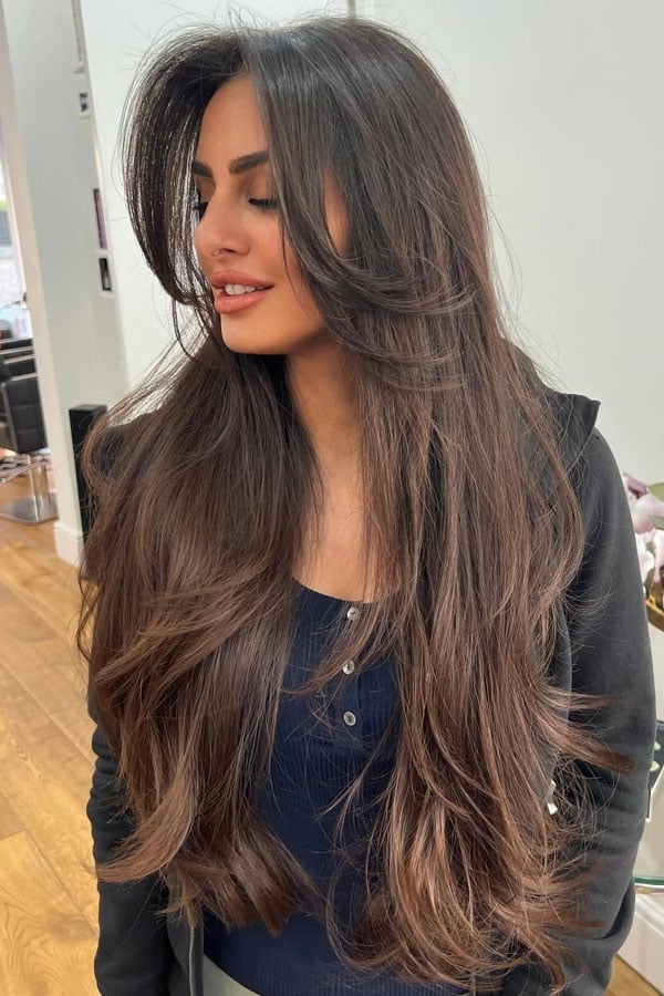 Rich Brown Layers With Soft Curtain Bangs Rich Brown Layers With Soft Curtain Bangs — Classy Haircuts for Long Hair