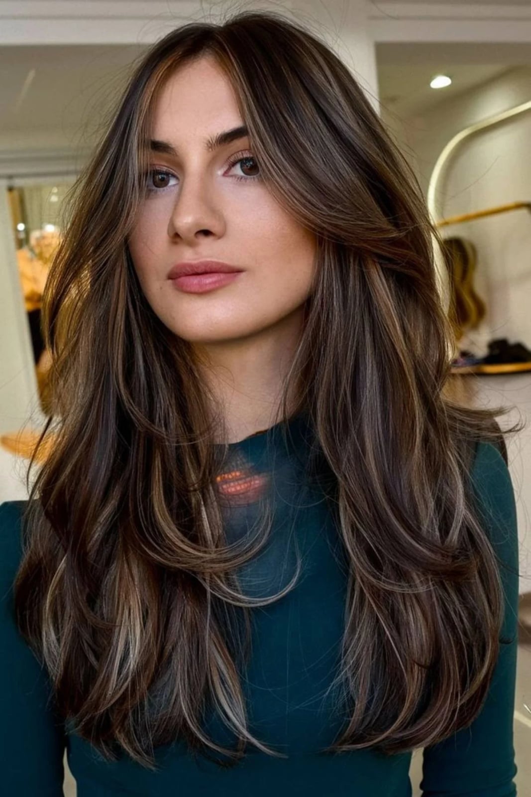 Dark Brown With Caramel Highlights And Waves, Mid-Back Dark Brown With Caramel Highlights And Waves, Mid-Back — Classy Haircuts for Long Hair