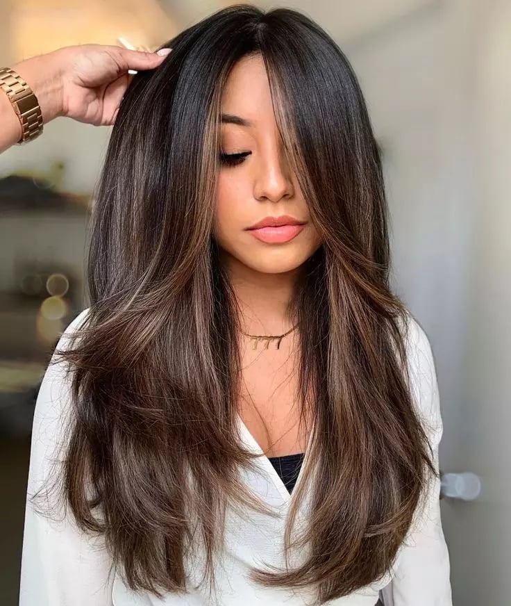 Dark Brown With Highlights And Face-Framing Layers Dark Brown With Highlights And Face-Framing Layers — Classy Haircuts for Long Hair