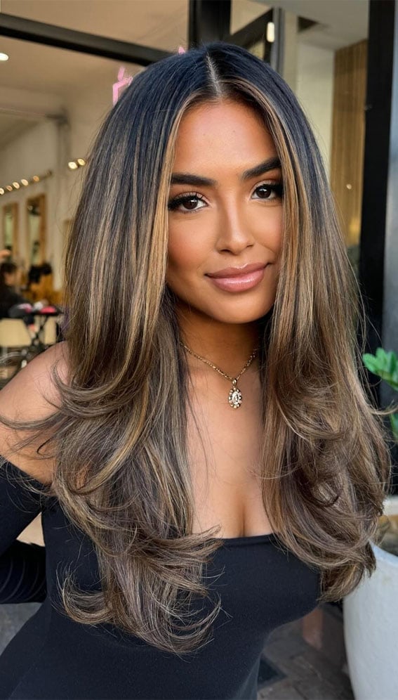 Medium Brown With Caramel Highlights And Layers Medium Brown With Caramel Highlights And Layers — Classy Haircuts for Long Hair