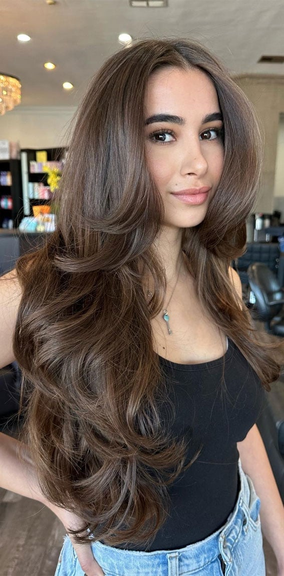 Medium Brown Layers With Curtain Bangs Medium Brown Layers With Curtain Bangs — Classy Haircuts for Long Hair