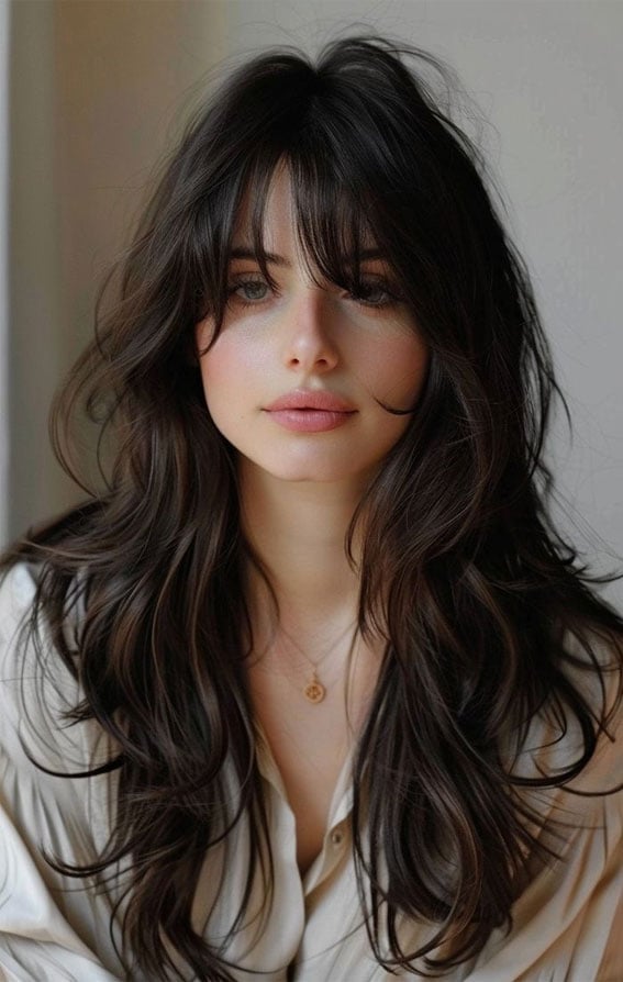 Thick Dark Brown Layers With Curtain Bangs Thick Dark Brown Layers With Curtain Bangs — Classy Haircuts for Long Hair