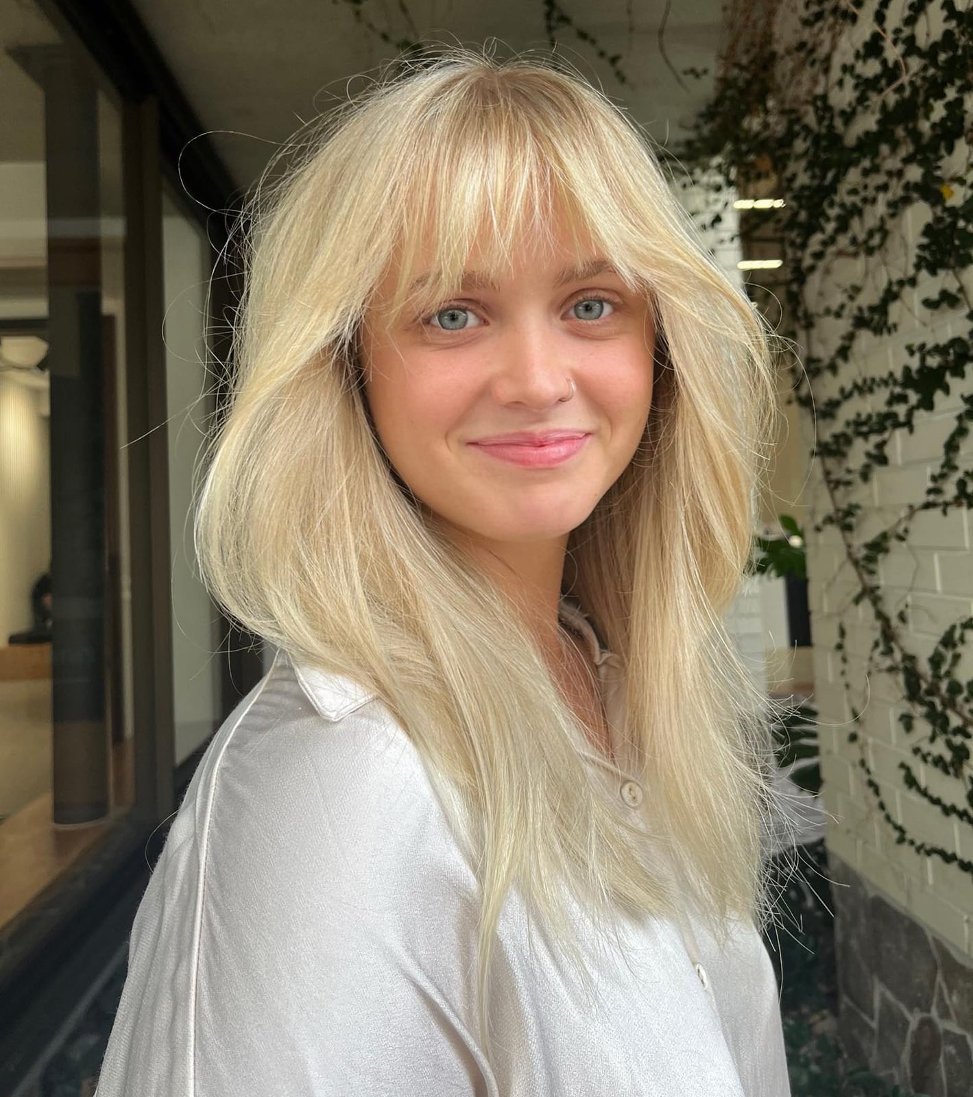 Ash Blonde Mid-Back With Curtain Bangs — Classy Haircuts for Round Face
