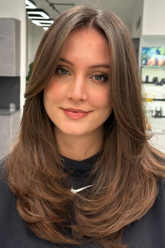 Mid-Back Dark Brown Layers Middle Part — Classy Haircuts for Round Face