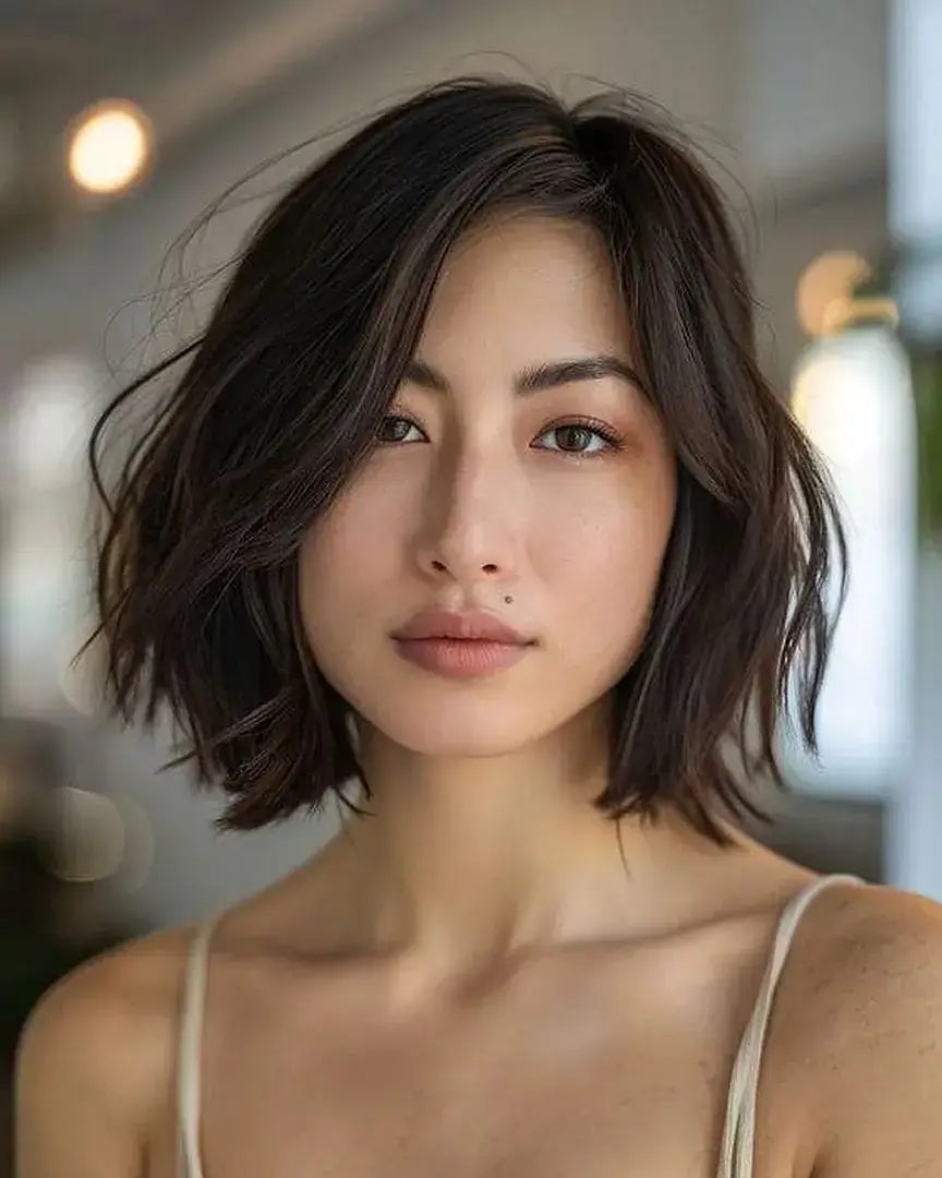 Shoulder Length Textured Lob Wispy Bangs — Classy Haircuts for Round Face