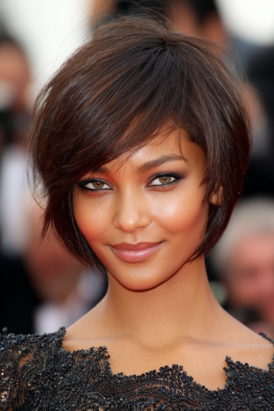 Asymmetrical Bob With Side Swept Bangs, Chin — Classy Haircuts for Round Face