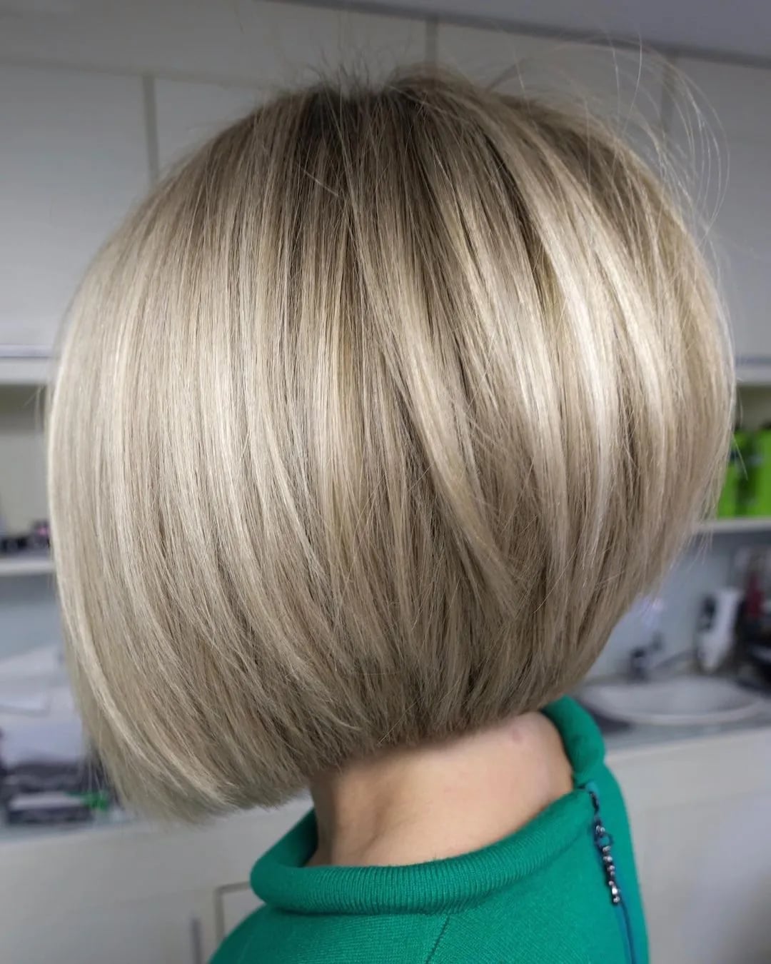 Sleek Blunt Chin Length Bob Back View, Ash Blonde — Classy Haircuts for Women over 50