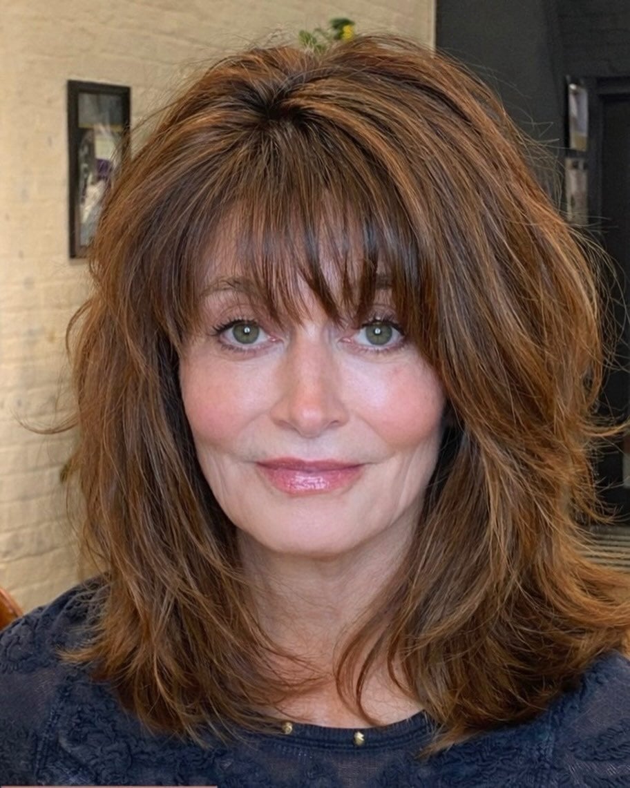 Shoulder Length Shag With Curtain Bangs, Wavy — Classy Haircuts for Women over 50