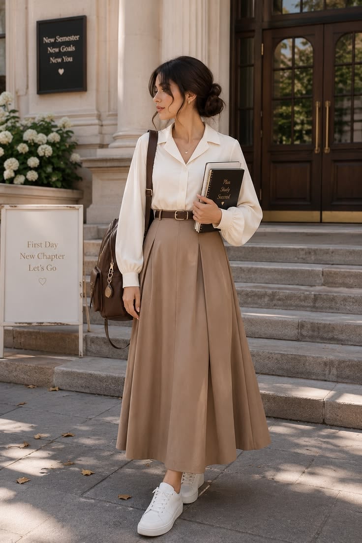 Cream Blouse and Brown Midi Skirt for a Relaxed School Day Cream Blouse and Brown Midi Skirt for a Relaxed School Day — Classy High School Outfits