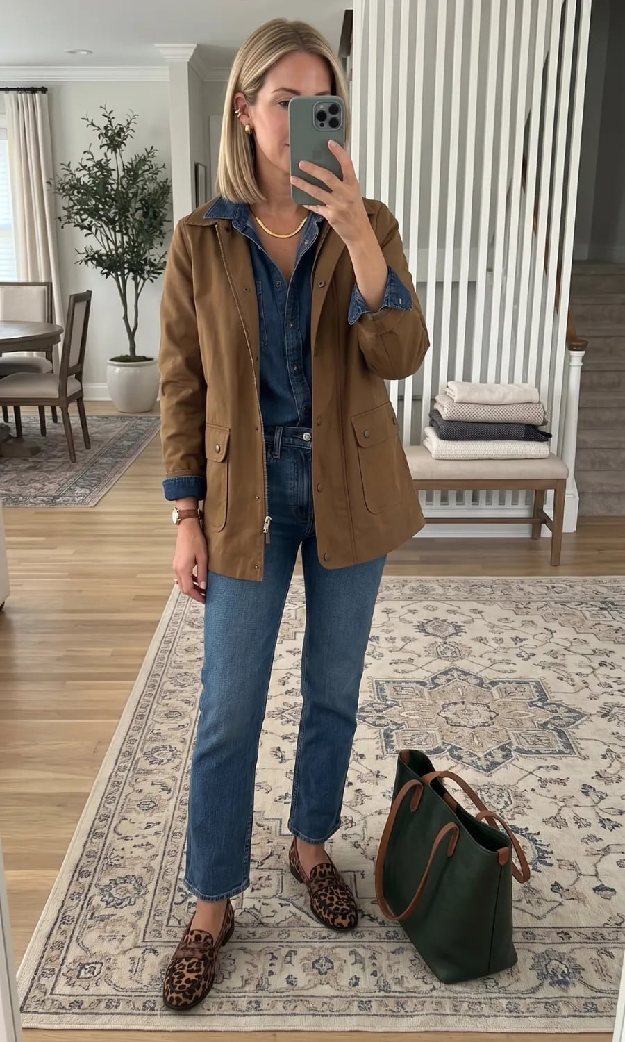 Utility Jacket Over Denim Shirt with Leopard Print Flats Utility Jacket Over Denim Shirt with Leopard Print Flats — Classy High School Outfits